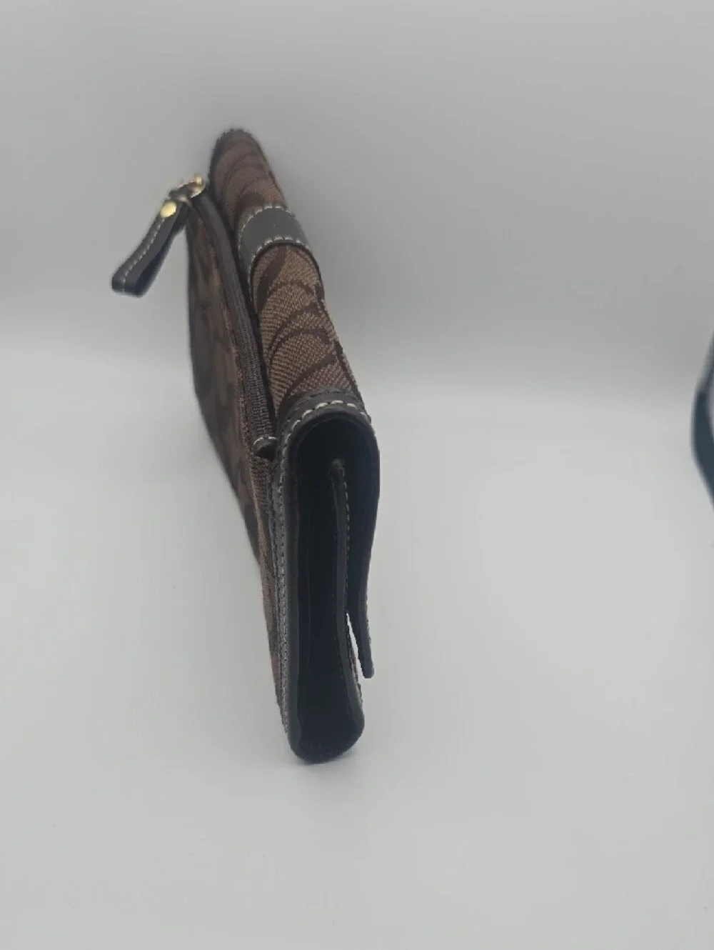 Coach Dark Brown Signature Mono Stitched Black Trim Long Snap Wallet (EUC)🖤